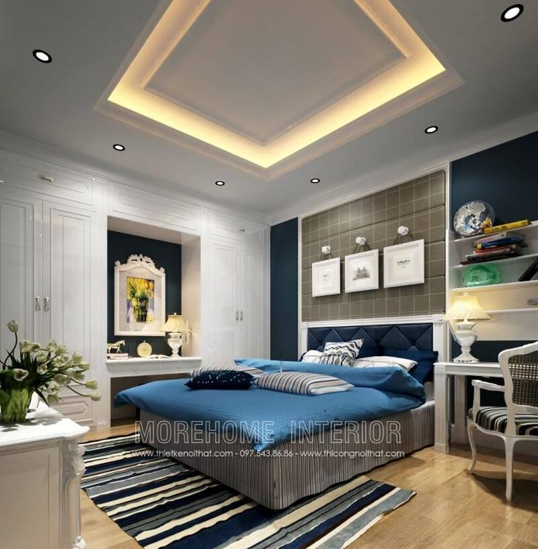 Thiết kế nội thất phòng ngủ chung cư sang trọng, tiện nghi với giường ngủ bọc nỉ đầu giường ấn tượng