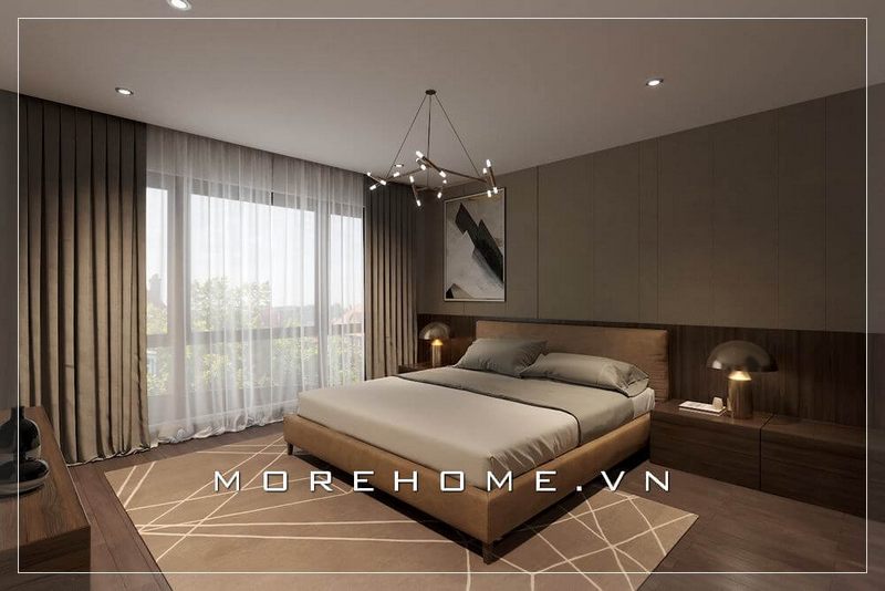 Thiết kế nội thất phòng ngủ chung cư hiện đại, trẻ trung, cửa sổ được bố trí khoảng cách lớn giúp tận dụng được tối đa ánh sáng tự nhiên giúp căn phòng luôn tràn ngập hơi thở tươi mới