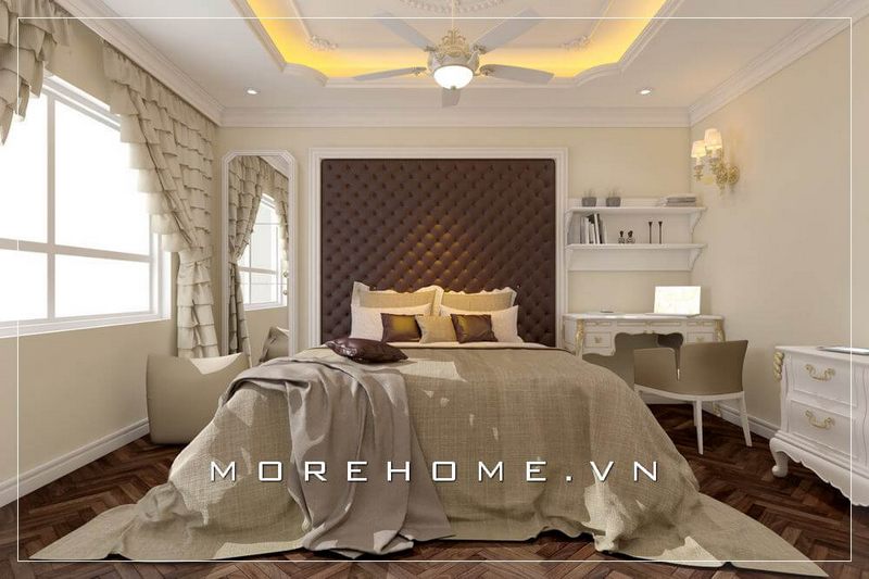 Trang trí nội thất phòng ngủ chung cư cao cấp đầy ấn tượng, mảng tường đầu giường được ốp da đầy ấn tượng giúp tạo điểm nhấn nổi bật hơn cho cả không gian