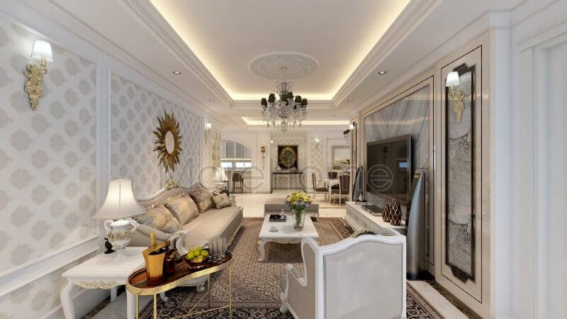 Sử dụng tone màu trắng sáng để trang trí nội thất phòng khách chung cư sẽ làm cho không gian trở nên đẹp hơn, tạo ra điểm nhấn cho các đường nét trạm khắc tinh xảo và khéo léo.